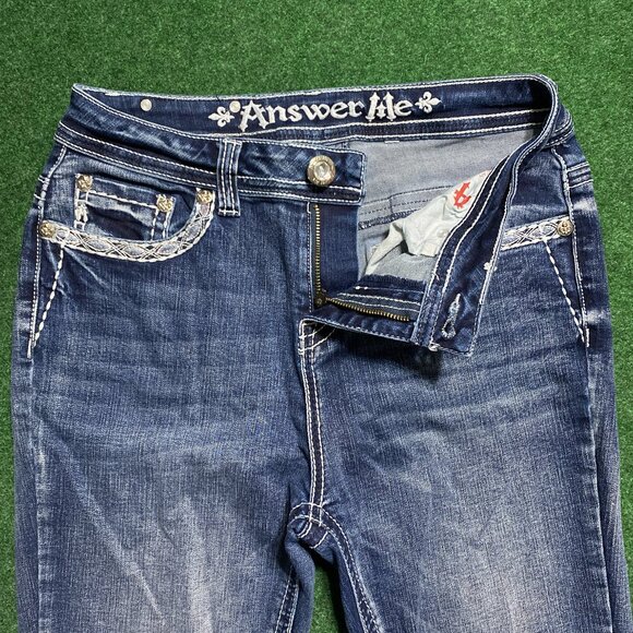 Women’s Answer Me Fleur De Lis Rhinestone Jeans Dark Wash (Unsized, Est. 29) - Picture 2 of 6